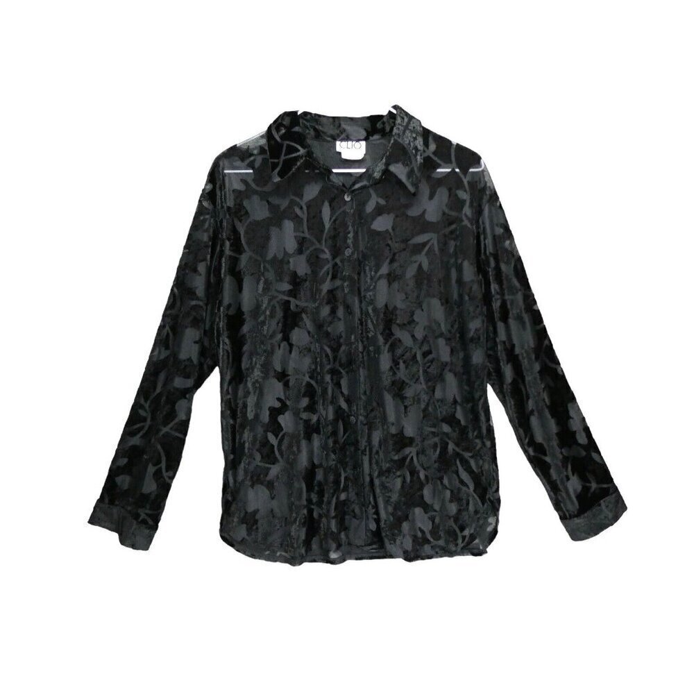 VTG Clio Burnout Velvet Semi Sheer Blouse M Button‎ Up Shirt whimsygoth *Flaw